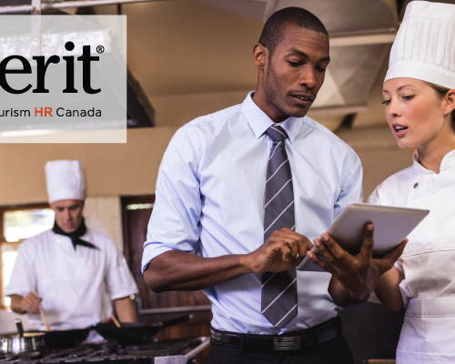 The image features the logo of 'emerit' alongside a chef and a supervisor,