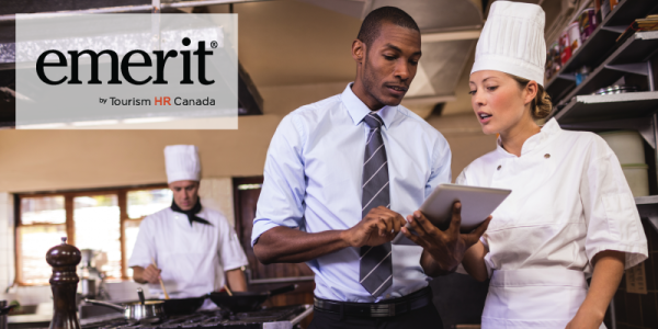 The image features the logo of 'emerit' alongside a chef and a supervisor,